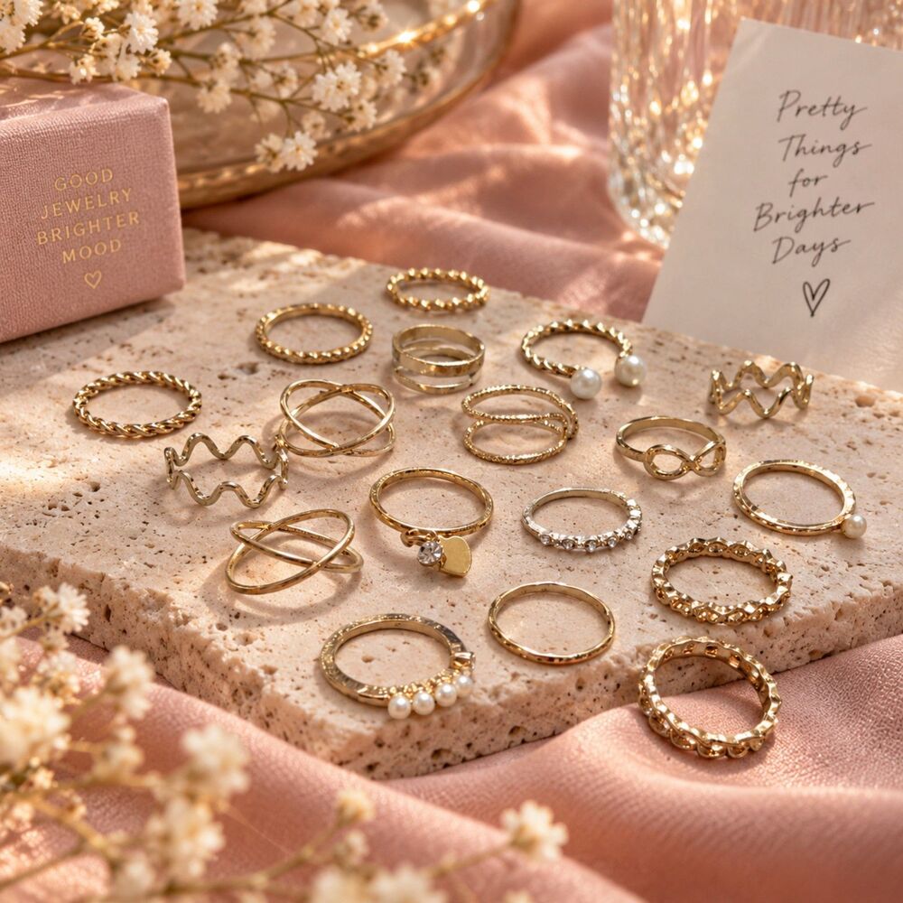 Gold Tone Ring Lot, 20+ Stacking Rings, Pearl Rhinestone Heart Boho Jewelry